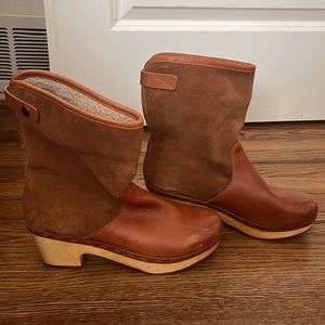 Frye & Co faux shearling and suede clog boots.